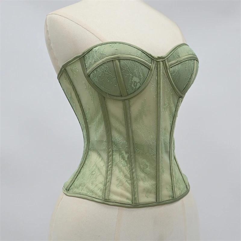 Women Transparent Mesh Corsets Bustier With Cups Lace Up Fishbone Bodices Sexy Floral Lace Strapless Tube Tops Wedding Party