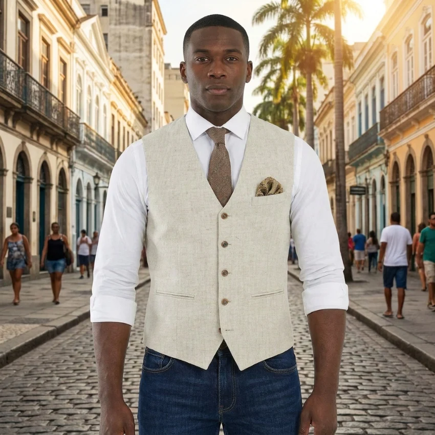

Linen Men Vest for Causal Party Summer Beach Male Waistcoat V Neck Beige Single Breasted Fashion Coat 1 Piece New Arrival