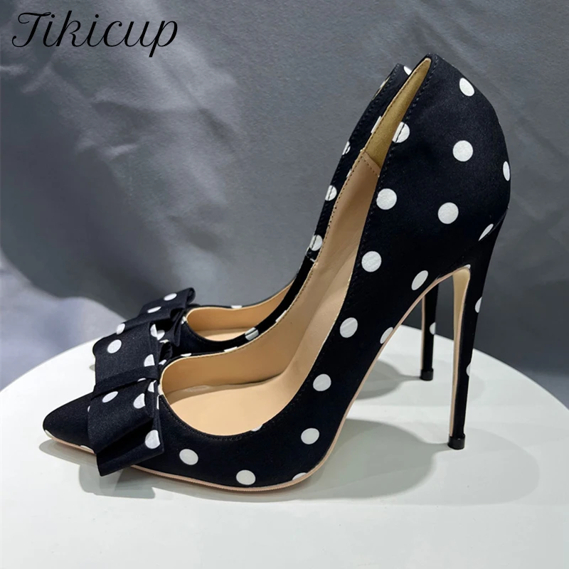 Tikicup Polka Dot Women Black Satin Stiletto High Heels with Bowknot Chic Ladies Designer Dress Shoes Pointed Toe Silk Pumps