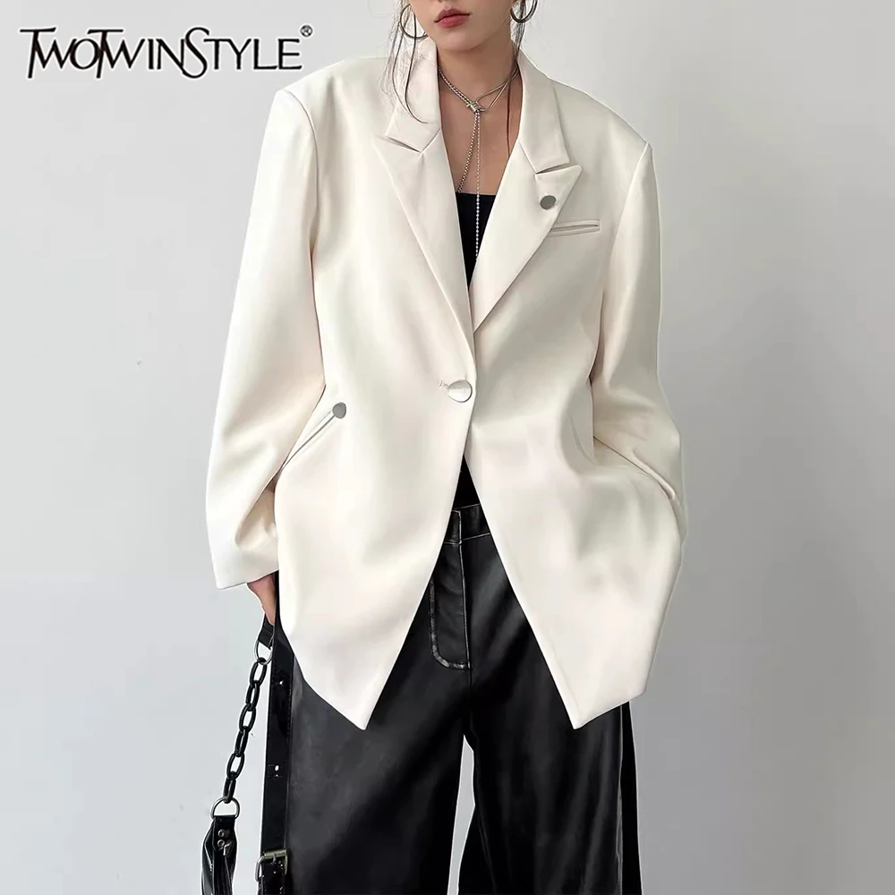 

TWOTWINSTYLE Solid Minimalist Blazer For Women Notched Collar Long Sleeve Patchwork Button Loose Coat Female Fashion Clothes New