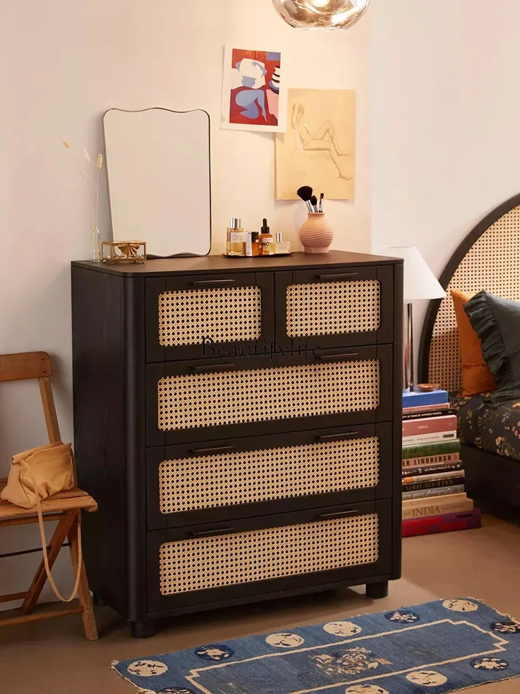 Retro solid wood rattan woven wabi-sabi wind small apartment drawer storage cabinet woven log living room side cabinet