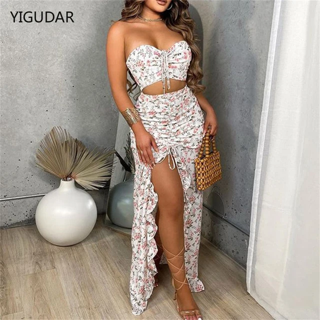 women dresses Sexy Strapless Crop Tube Top High Waist Slit Maxi Dress 2 Pcs Suits 2022 Fall Women Fashion Party dresses AliExpress