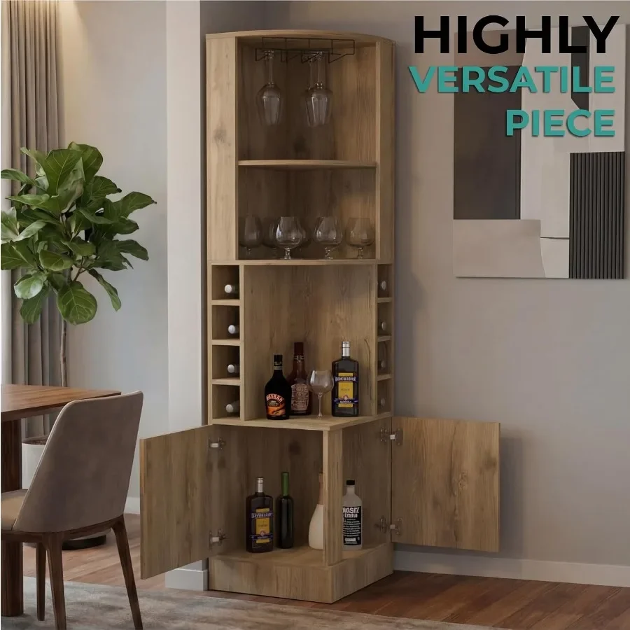 Corner bar cabinet for home use, engineered wood in macadamia color, featuring wine rack with 8 bottle cubbies, 2 doors, 2 open
