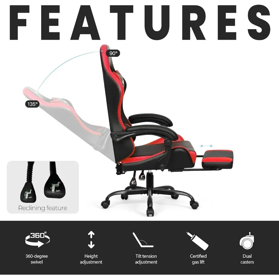 كرسي ألعاب الفيديو مع مسند للقدمين لدعم قطني للمكتب المنزلي، كرسي عالي الظهر قابل للتعديل، مريح من الجلد