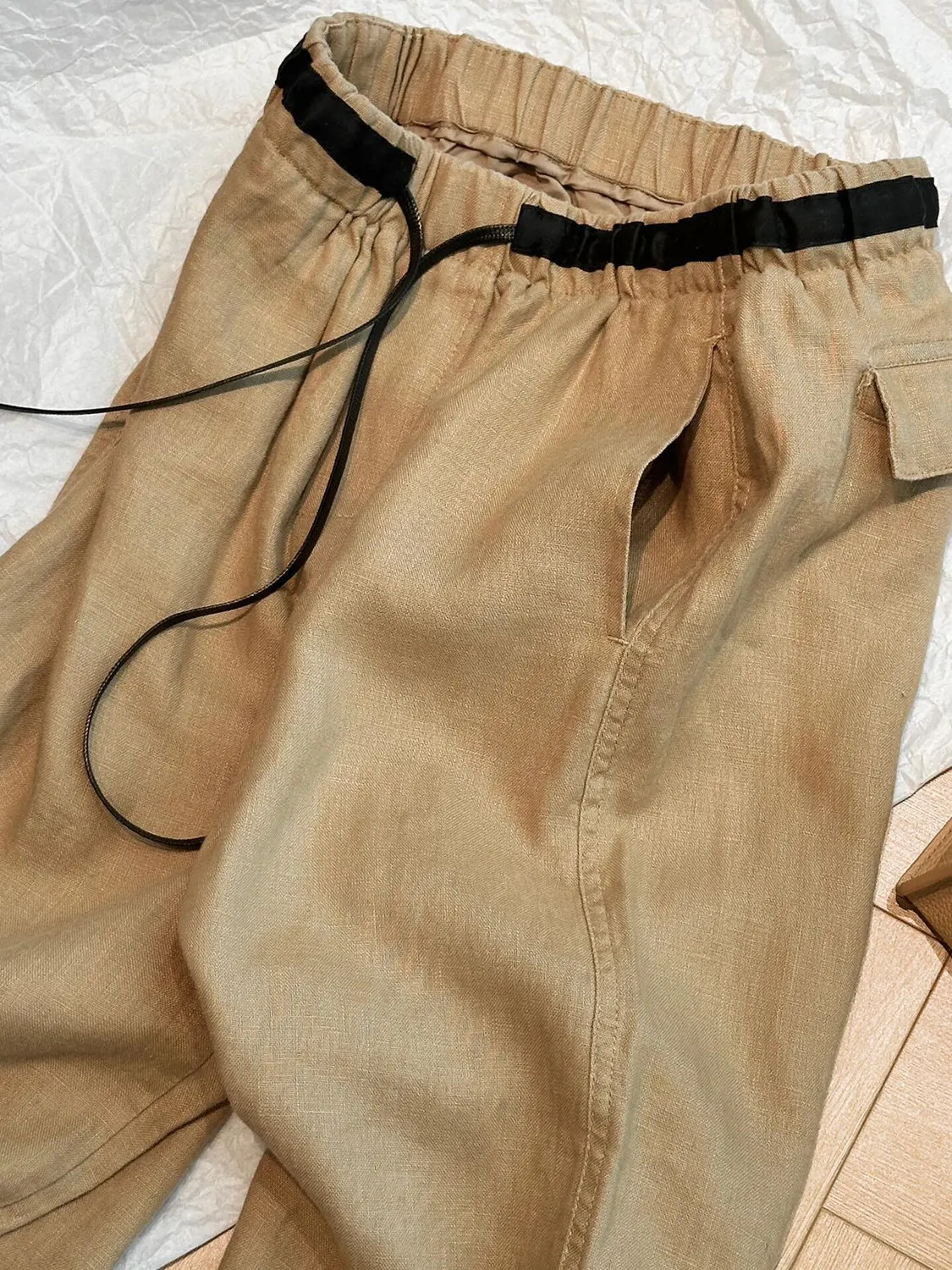

Khaki Wide Leg Pants Women's plus Size Artistic Style Color Block Straight Cut Nine Point Pants High Waist Straight Tube Trou...
