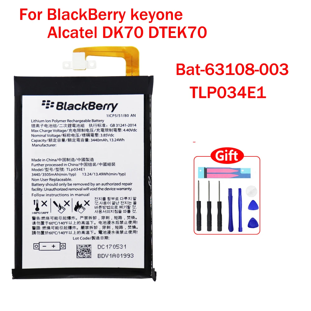 New 100% Original 3440mAh BAT-63108-003 Battery For BlackBerry keyone TLP034E1 For alcatel DK70 DTEK70 Batteries With Tools