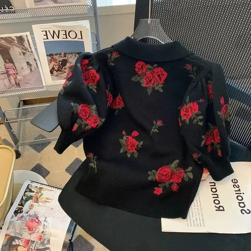 Spring Summer Women Vintage Flowers Turn Down Collar Short Sleeve Knitted Pullover Crop Top Black Sweater Tops Korean