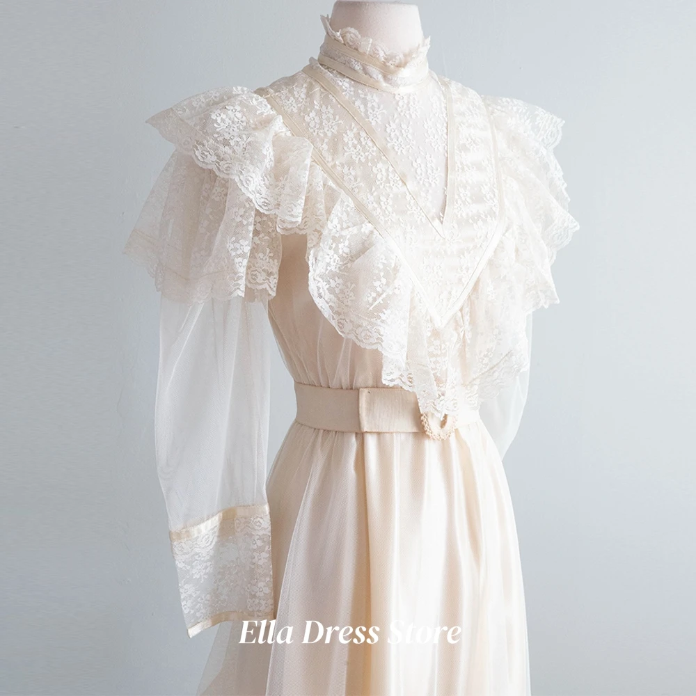 Customized Exquisite Ivory Jersey Evening Dress Temperament High Neckline Long Sleeves Buttons Back Bespoke Occasion