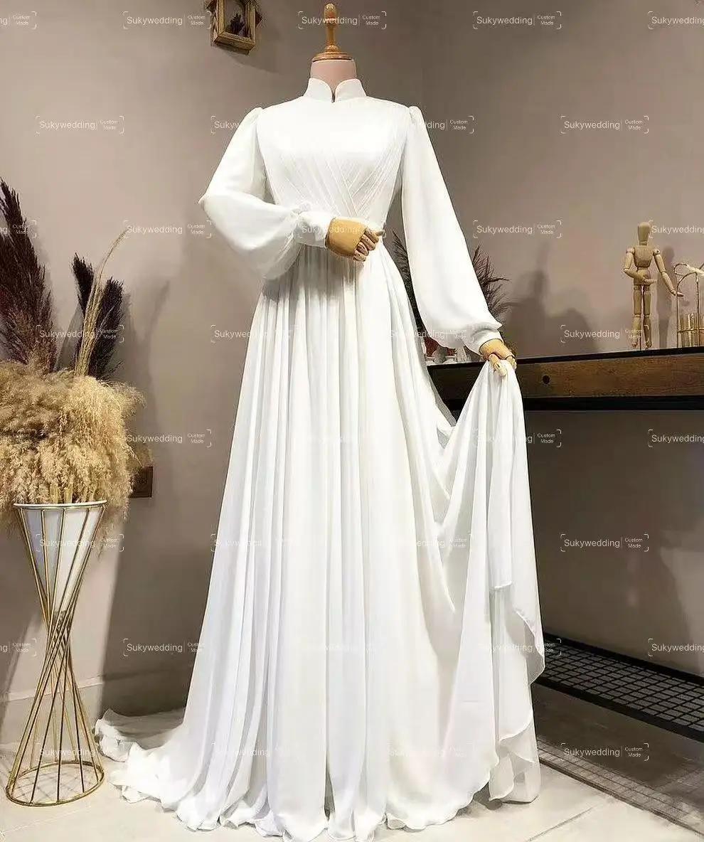 Robe de Mariée Musulmane en Mousseline de Soie à Manches sulf, Hijab Islamique à Col Haut, pour les Patients, Personnalisée