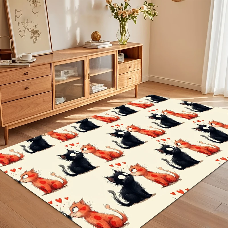 Playful Area Rug with Black and Cat Illustrations and Heart Accents for A Charming Nursery Living Room and Bedroom Home Decor