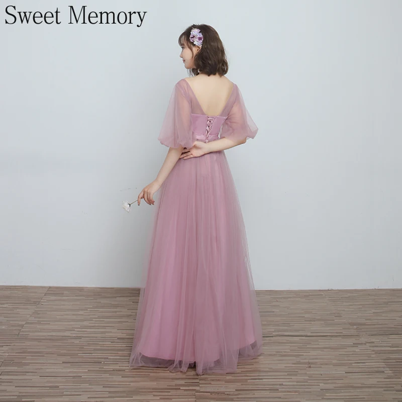 F88U32 Lange Tulle Roze Bruidsmeisje Jurken Grduation Prom Gown Met Boog Floor Lengte Vestidos Vrouwen Formele Wedding Party Dress