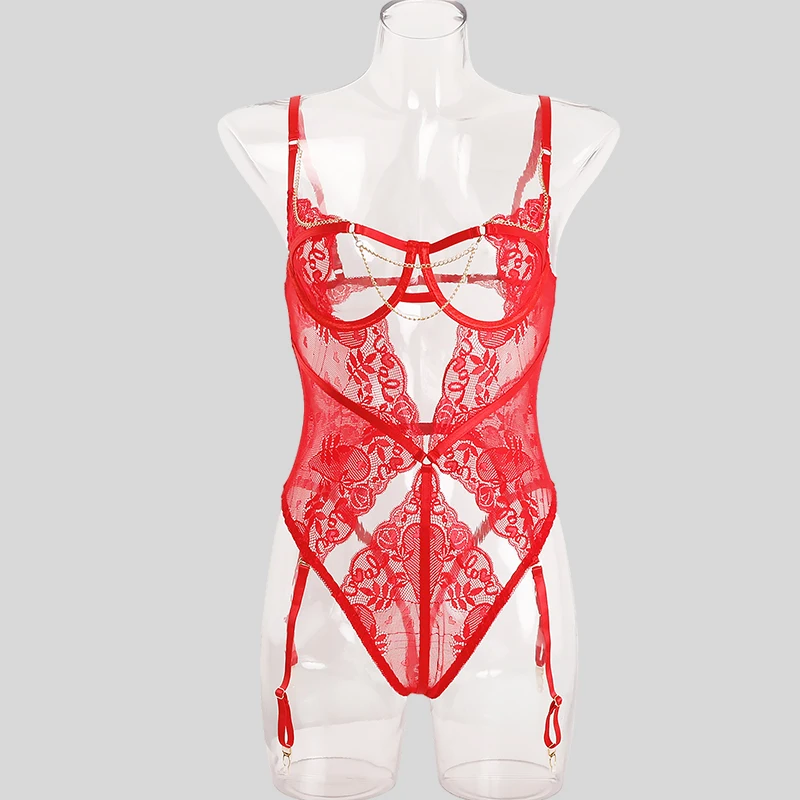 

Tornova Lack Sexy Sling Bodysuit Skinny High Waisted Solid Color See-through Hollowout Interesting Leisure Romantic Bodysuit Set