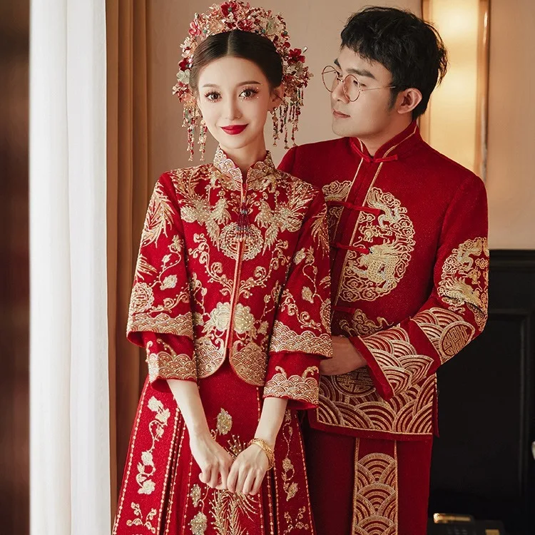 

Yourqipao Xiuhe Wear Bride Wedding Gown Dress Chinese Wedding Dress Dragon Phoenix Gown Toast Clothes Show Set for Women