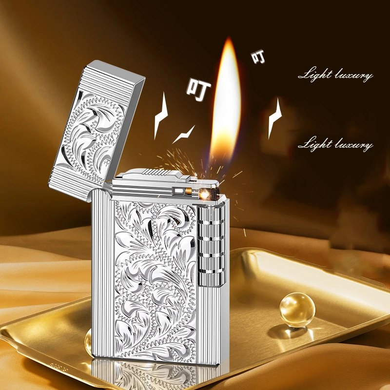 DK-885 Langsheng Steel Sound Side Sliding Grinding Wheel Inflatable Oblique Fire Lighter Rich Flower Relief Pattern Gift Lighter