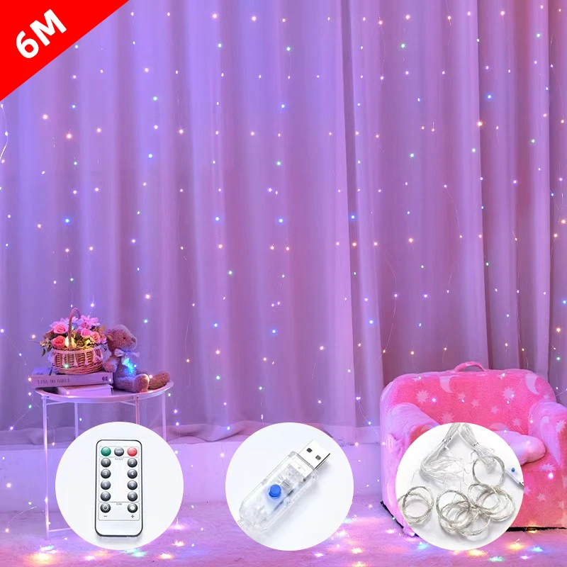 6M 2025 New Year Wedding Decoration Garland Curtain Lights  Christmas Decoration 8 Modes LED Curtain Fairy Lights with Remote