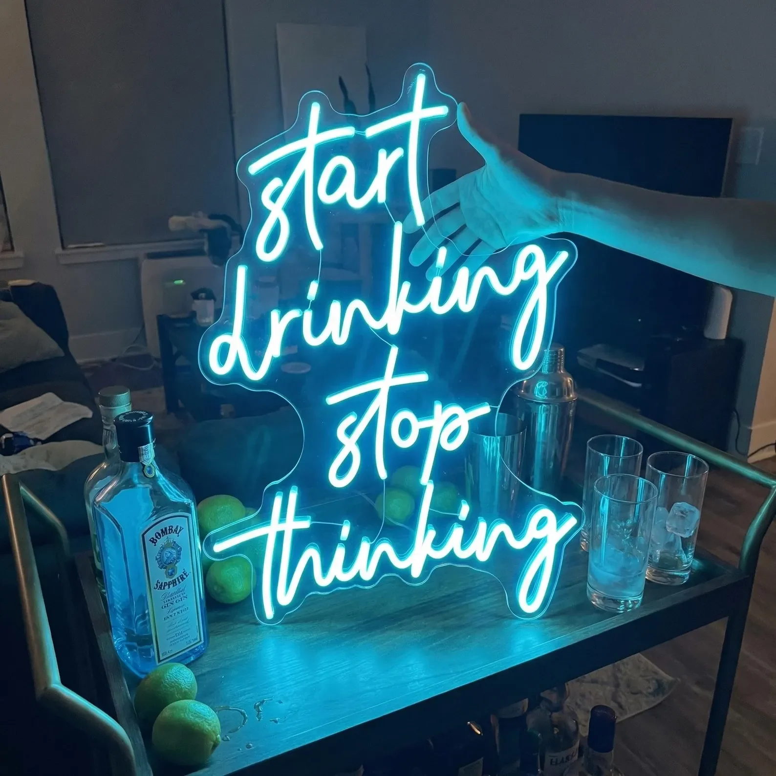 Start Drinking Stop Thinking Neon,Home Bar Sign,Funny Alcohol Decor,Man Cave Wall Art,Patio Party Light,Beer Sign,Bar Cart Decor