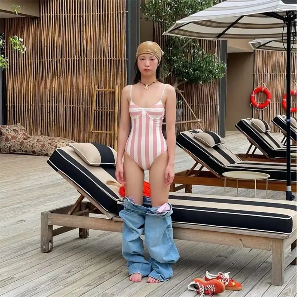 Retro Stripe Women Swimming Suit Belly Cover Up Pink Striped Girls Swimwears Hot Spring Chest Gathered Sports Swimsuit Summer