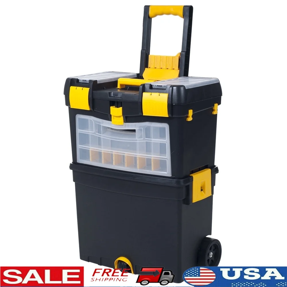 

Heavy Duty Rolling Toolbox with 24 Compartments Mobile Tool Storage Cart Durable Polypropylene and Metal Design Fold Down Handle