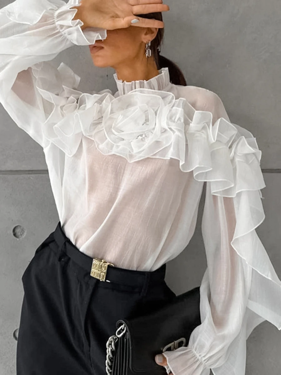 

Bornladies Summer Women's Mesh Shirt Fashionable Ruffled Edge Niche Shirt Long sleeved Solid Color Chic French Versatile Blouses