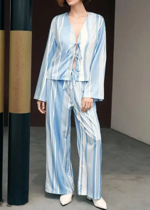 

Осенний темпераментный полосатый галстук с длинными рукавами — верх спереди и широкие брюки, пижамный комплект, свободный крой, подходит для повседневной носки