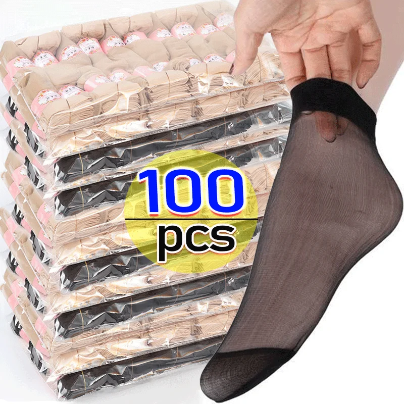 

100PCS Women's Black Skin Socks Sexy Nylon Ultrathin Meias Transparent Crystal Short Ankle Sock Female Ladies Non-Slip Silk Sox