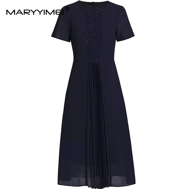 

MARYYIMEI Spring Summer Women's Dress Short Sleeved Folds Splicing Diamond Streetwear A-Line S-3XL Dresses