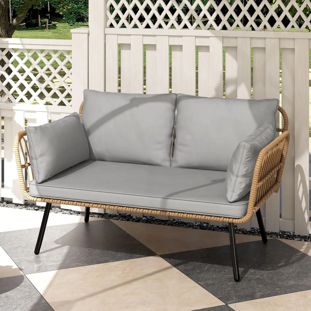 

Wicker Patio Loveseat, All-Weather Rattan 2-Seat Sofa with Cushions & Lumbar Pillows, Outdoor Patio Furniture Set for Patio, Ba