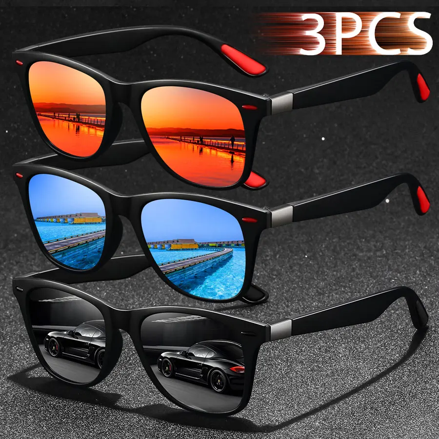 3-teiliges Vintage Mode Eckige Brillen-Set für Männer und Frauen, Sonnenbrille zum Fahren, Angeln, Wandern, Modische Markendesigner Klassische Casual Sonnenbrille