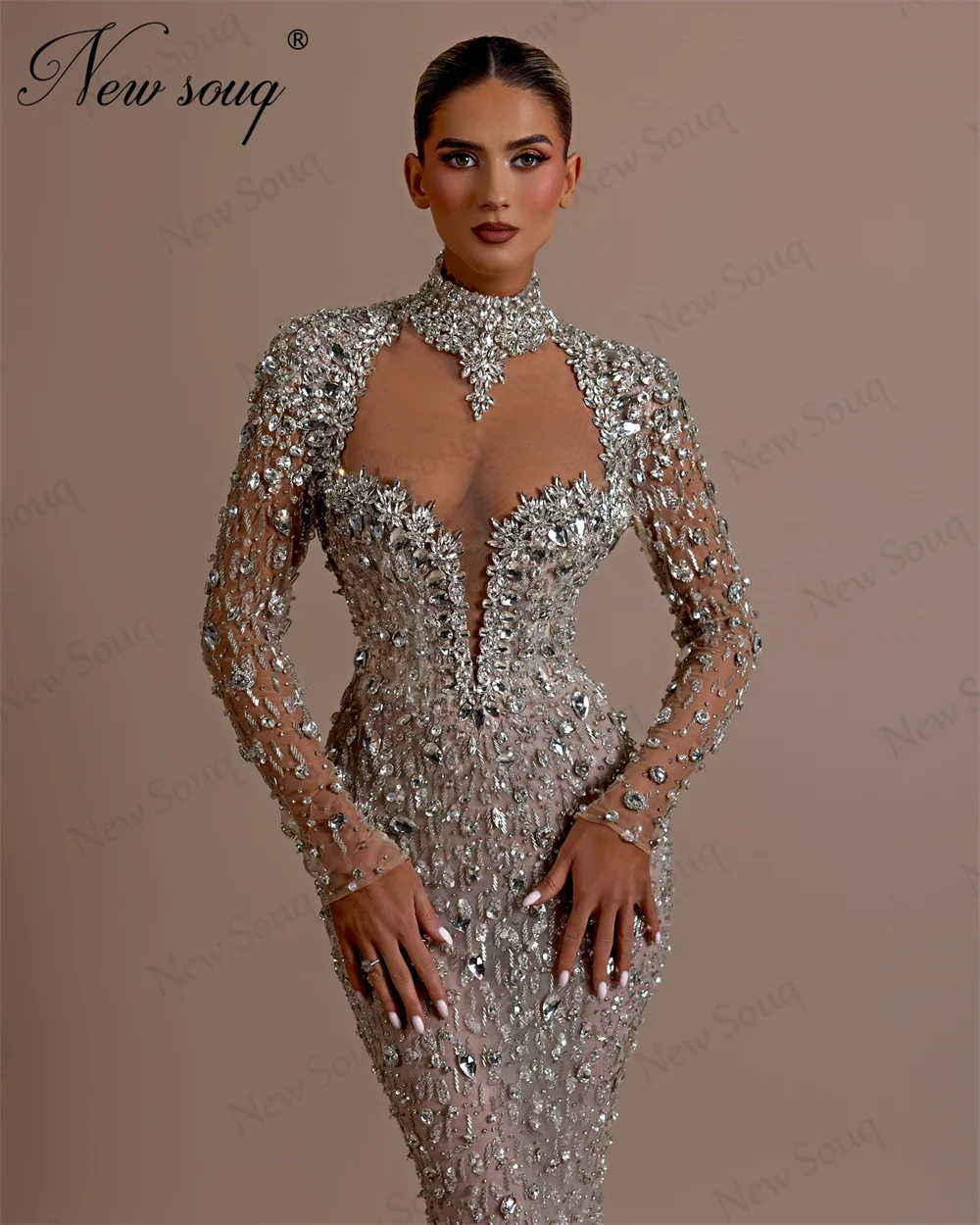 Fashionable Mermaid Evening Dresses Sexy Backless Beading Prom Dress Long Sleeves Aso Ebi Dubai Crystals Engagement Party Dress