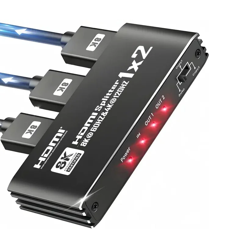 8K 60Hz 1 in 2 Out HDMI Splitter 1080p 240Hz Display Adapter 4K 120Hz 1x2 Video Converter for PS5 Laptop PC TV Monitor Projector