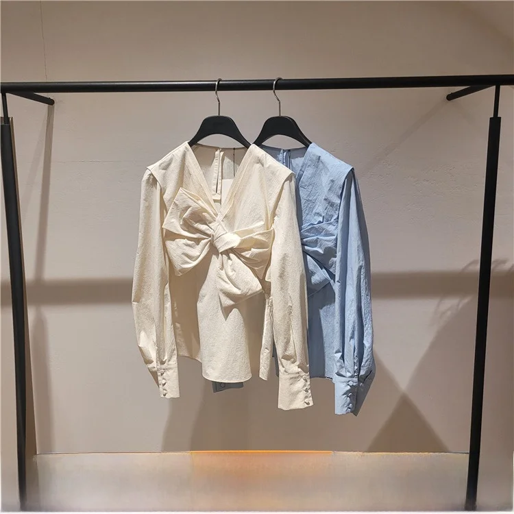 

Sweet Commuter Versatile irt Self-Preserved Version V-Ne Knot Korean Sle Long Sve Color Blouse