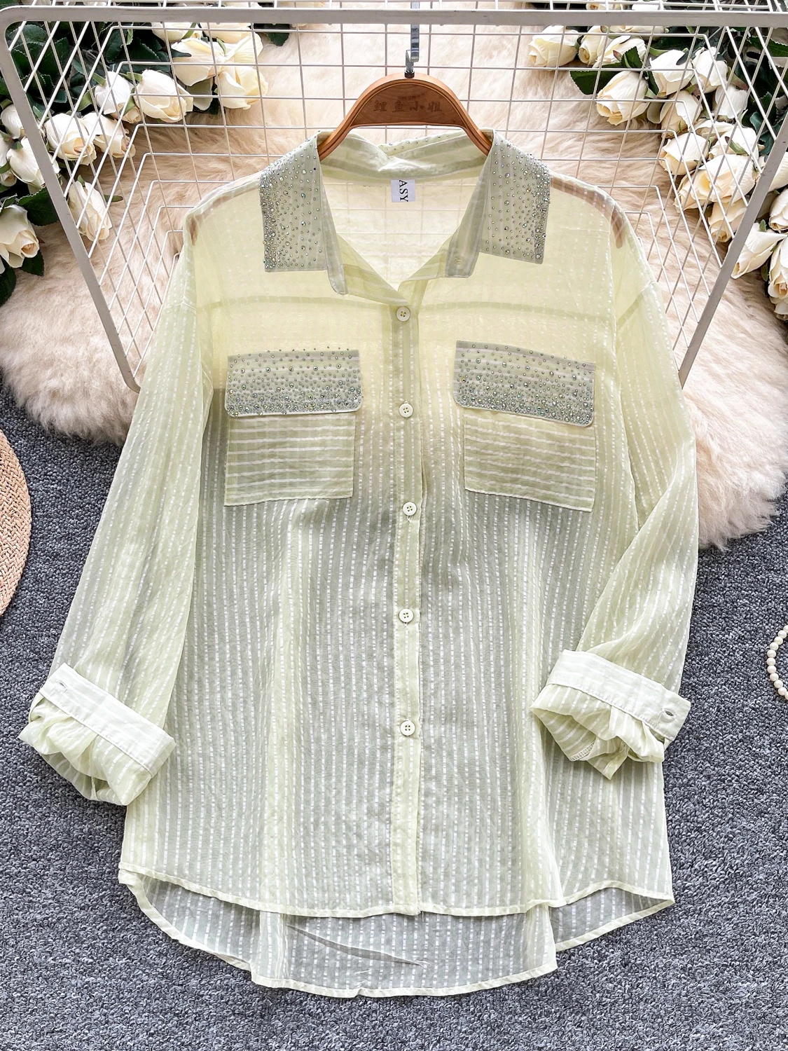 

2026 New Autumn Women Turndown Collar Long Sleeve Shirt Heavy Work Diamonds Double Pokets Single Breasted Mesh Shirt Tops