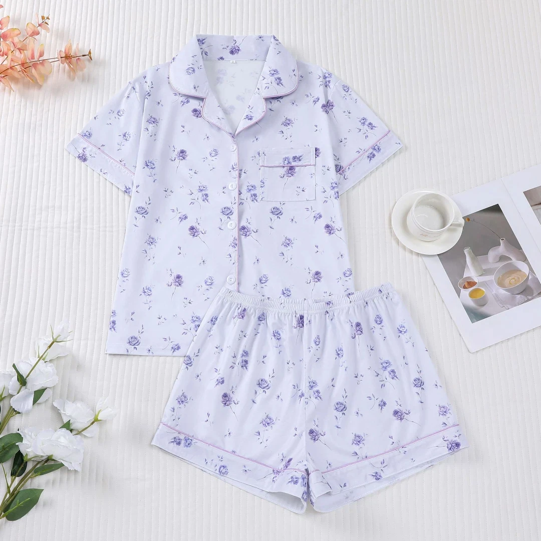 

Women's Pajama with Lavender Print Purple Lapel Short Sleeve Short Pants Trousers Loungewear Home Wear Set Clothes Christmas Gi