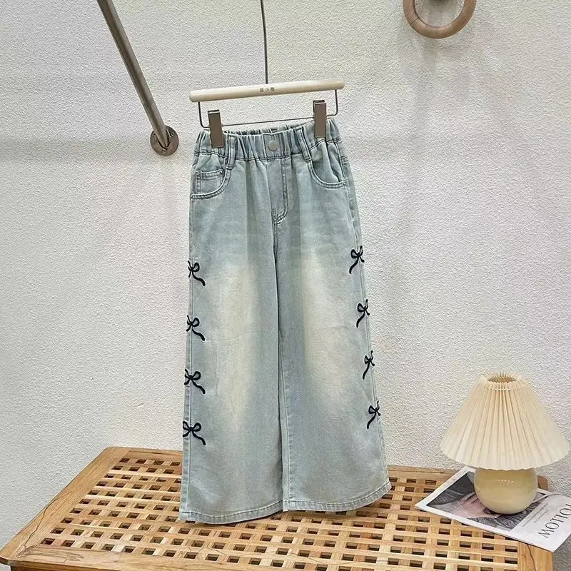 

Girls Summer Thin Set Teenage Girls Wide Leg Jeans T-shirt 2-piece Summer Children's Clothing Set