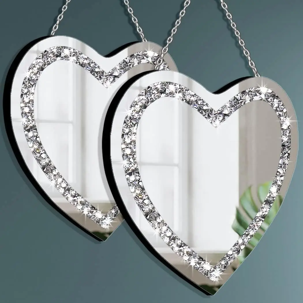 Heart Shaped Silver Glass Mirror 2 Pack 12x12inch Crystal Crush Diamond Decor Chain Mirror for Wall Decoration