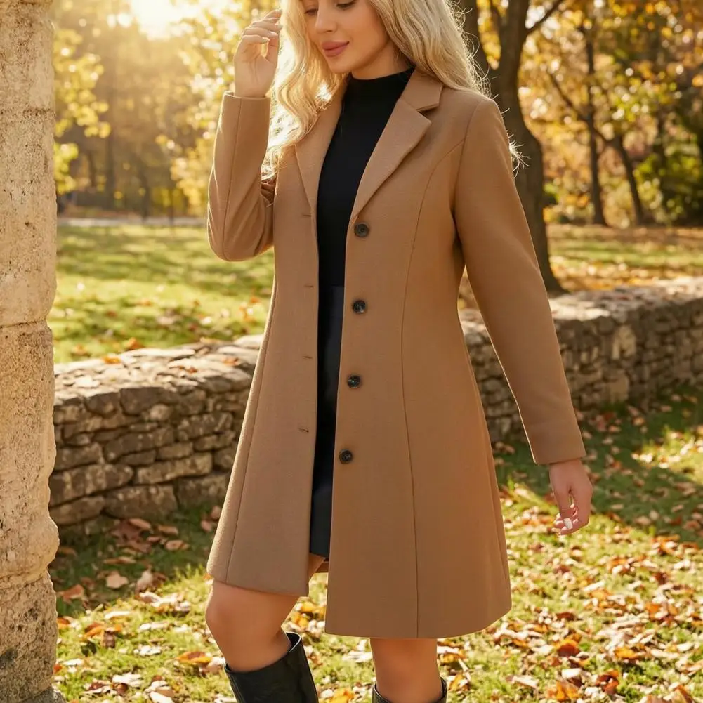 Notch Lapel Collar Long Coat for Women, Long Sleeves Single Breasted Blazer Jacket Ladies Autumn Outfits for Fall Winter
