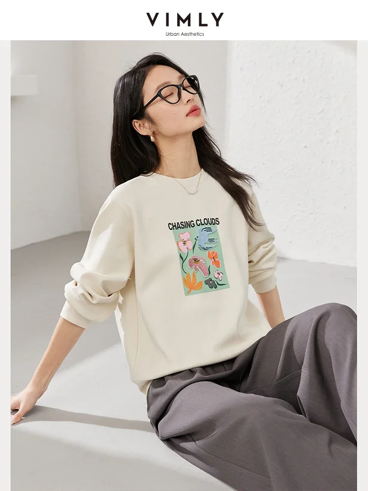 VIMLY Women Casual Simple Sweatshirts 2025 Spring Watercolor  Boho Graphic Flower Printed Pullover Long Sleeve Commuter TopA0500