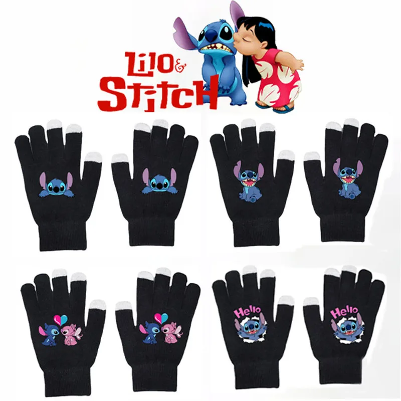 Disney Lilo Stitch Knitted Hat Gloves Kids Winter Warm Black Fishnet Mittens Cap Anime Figure Cartoon Headgear Decoration Gifts image 2