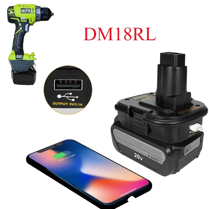 

Адаптер-конвертер для аккумулятора Milwaukee DM18RL, черный аккумуляторный разъем, инструменты, USB-порт для RYOBI 18 В, адаптер для преобразования литий-ионного аккумулятора