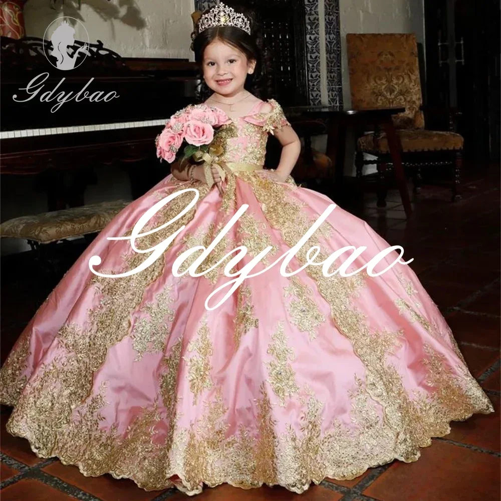 Luxury Golden Applique Full Ball Princess Wedding Party Flower Girl Dress Off The Shoulder Floor Length First Communion Gown New