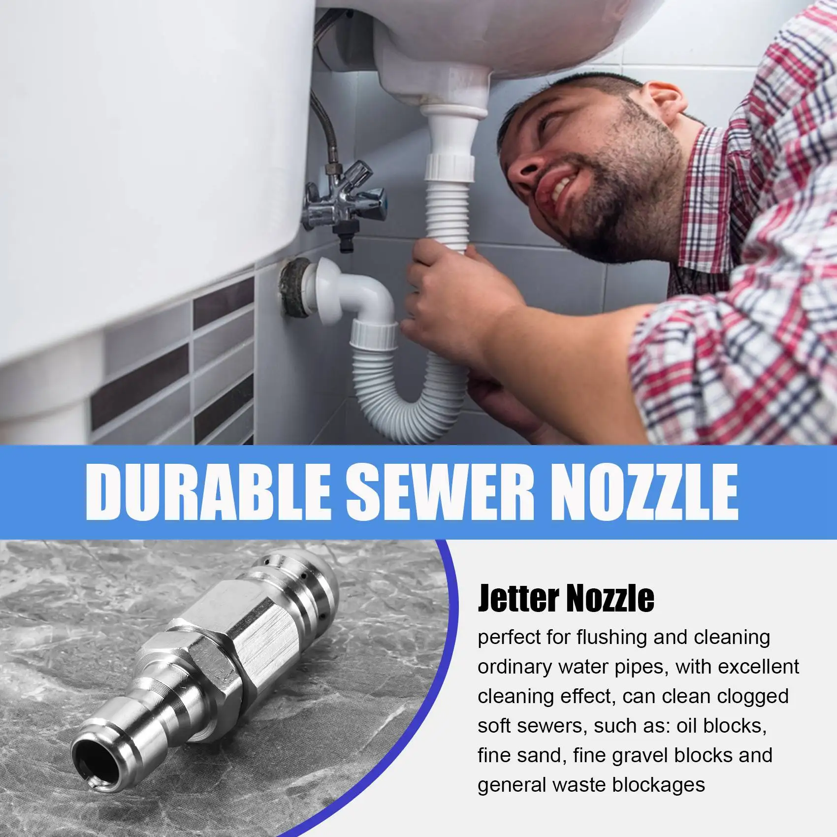 Насадка для мойки высокого давления AT77, канализационная форсунка из нержавеющей стали, прочная конструкция, канализационная форсунка, быстрый разъем 1/4 дюйма