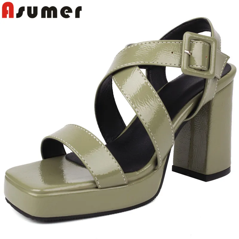 ASUMER 2023 New Patent Leather Platform Sandals Classics Buckle Thick High Heels Party Sandals Ladies Slingbacks Summer Shoes