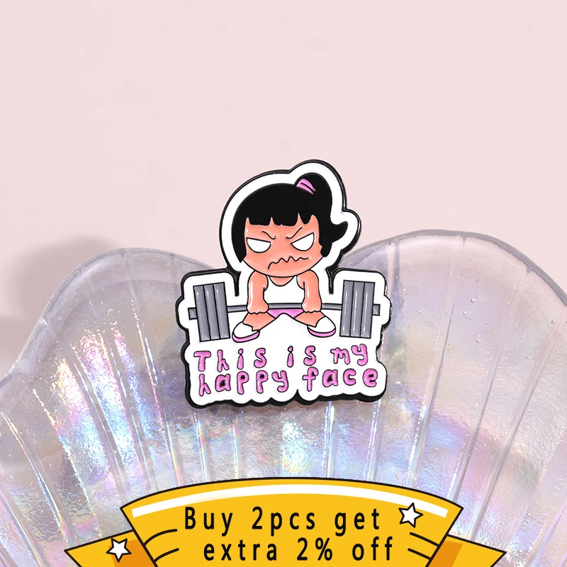 This Is My Happy Face Enamel Pin Dumbbell Barbell Weightlifting Girl Brooch Lapel Badge Exercise Fitness Activities Jewelry Gift