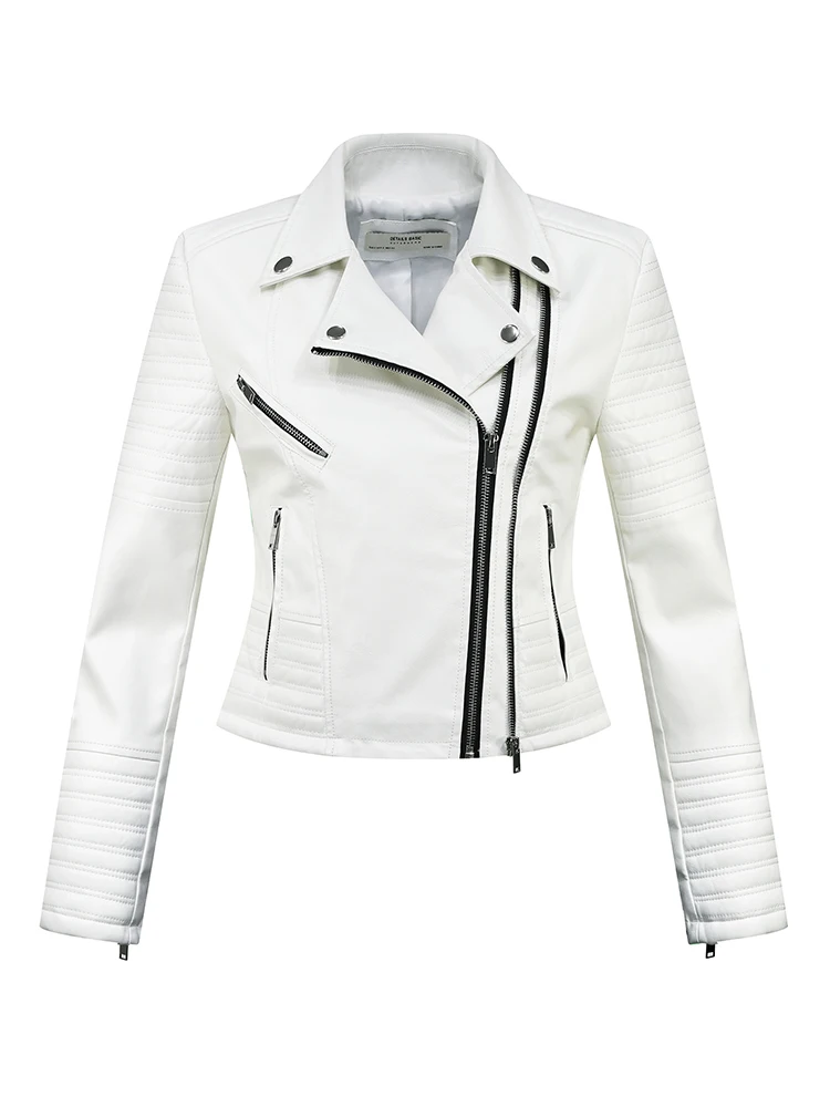 2023 New Spring Autumn Women Moto Biker White Faux Leather Jackets Female Vintage Black PU High Street Zippers Coats Clothes