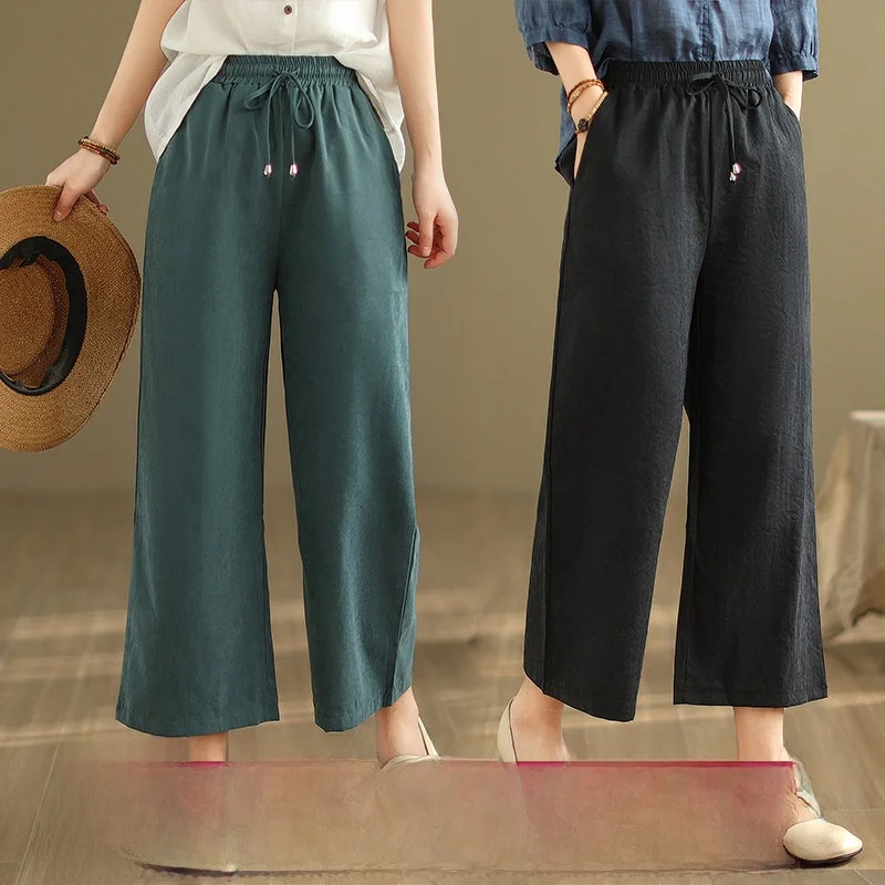 

Spring New Style Copper Ammonia Rayon Casual Anti-Aging Wide Leg Pants Nine-Piece Mom Pants Women's Thin Drawstring Waist Belt