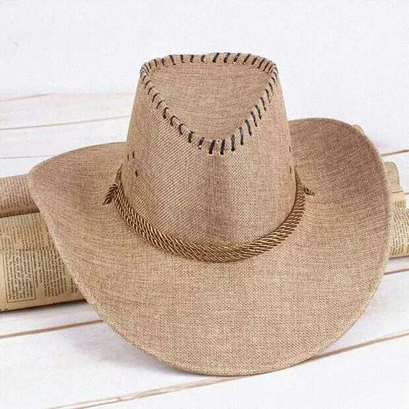 Summer Men Hat Breathable Western Cowboy Sunscreen Cap British Style Men Linen Solid Color Retro Casual Lightweight Hat