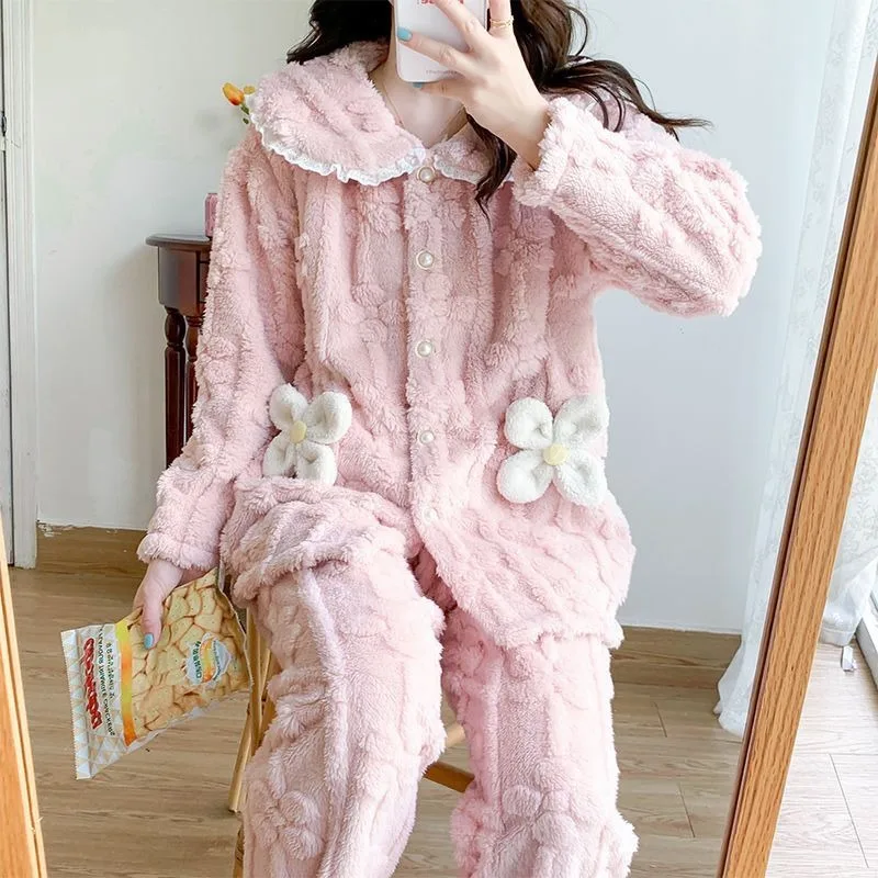 New Sleepwear Autumn Winter Postpartum Flannel Thick Plush Nursing Pajamas Pregnant Women Set Coral Velvet Can Be Worn Outside image 5