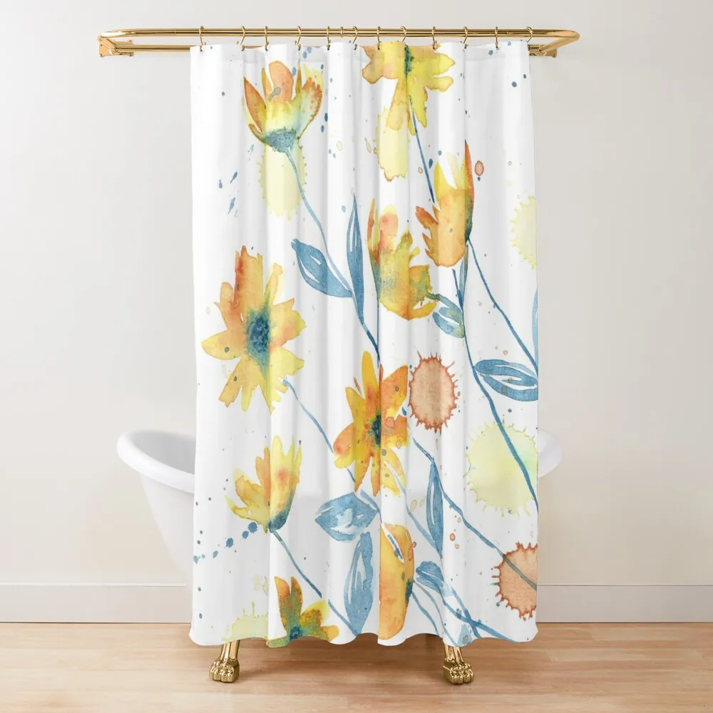 

Yellow flowers with blue and orange details Shower Curtain Anime Shower Toilet Accessories Bathroom Bathroom Shower Curtain