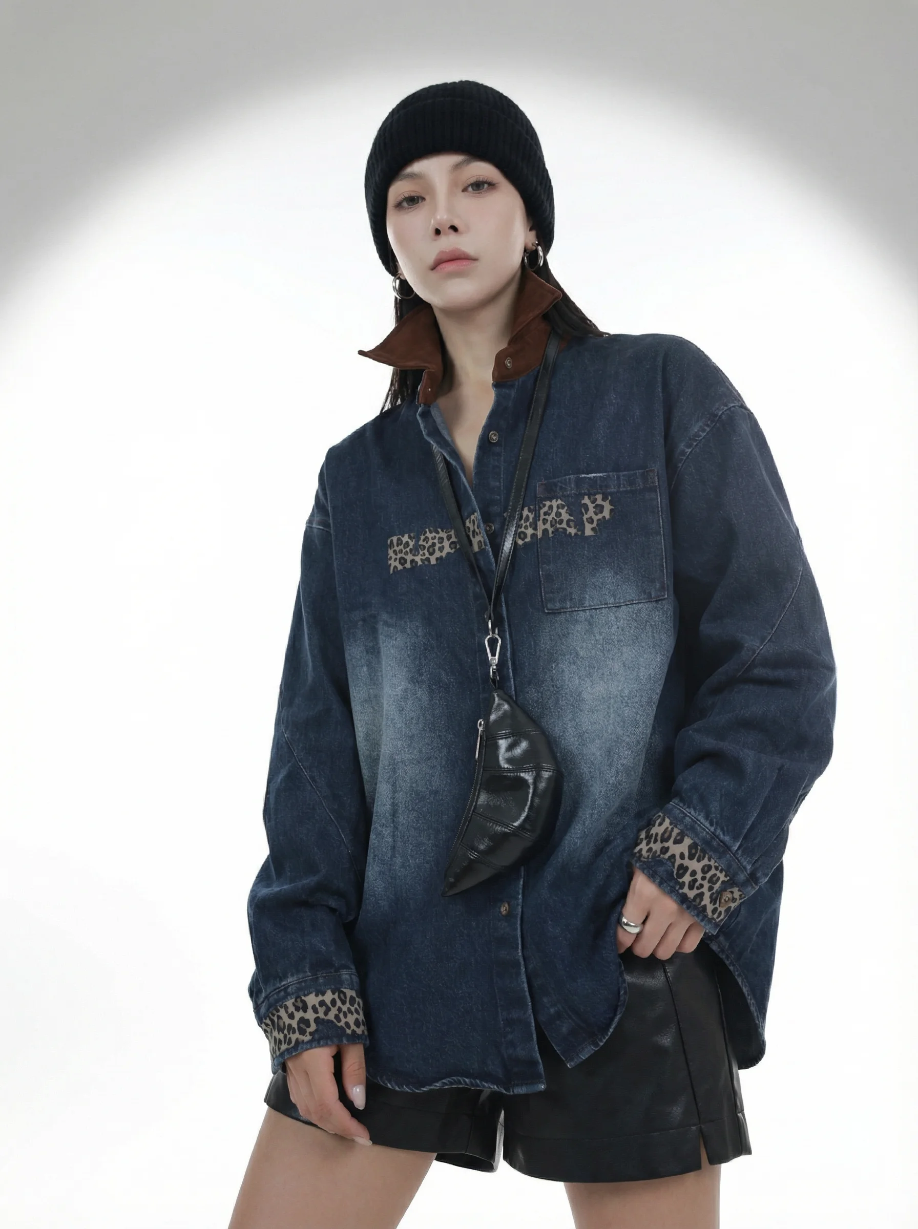 

Classic Washed Leopard Print Denim Shirt Women's Loose Fit Cotton Long Sleeve Girl's Original Design Spring Autumn Fashion