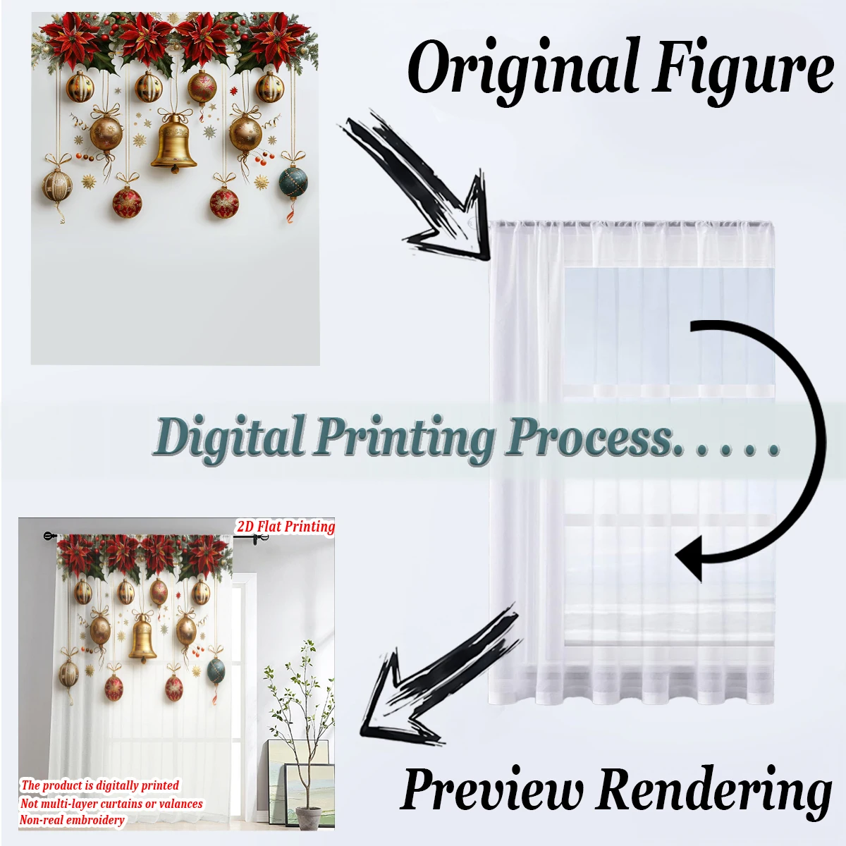 Christmas Flat Printing Sheer Curtain with Christmas for Living Room Bedroom Decor Holiday Party